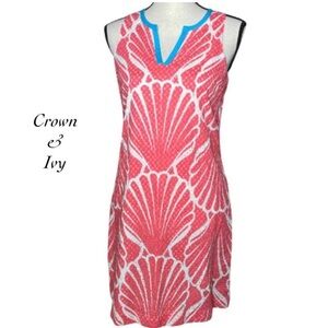 CROWN & IVY Coral White Teal Seashell Sleeveless Shift Dress Women’s Size 6 EUC